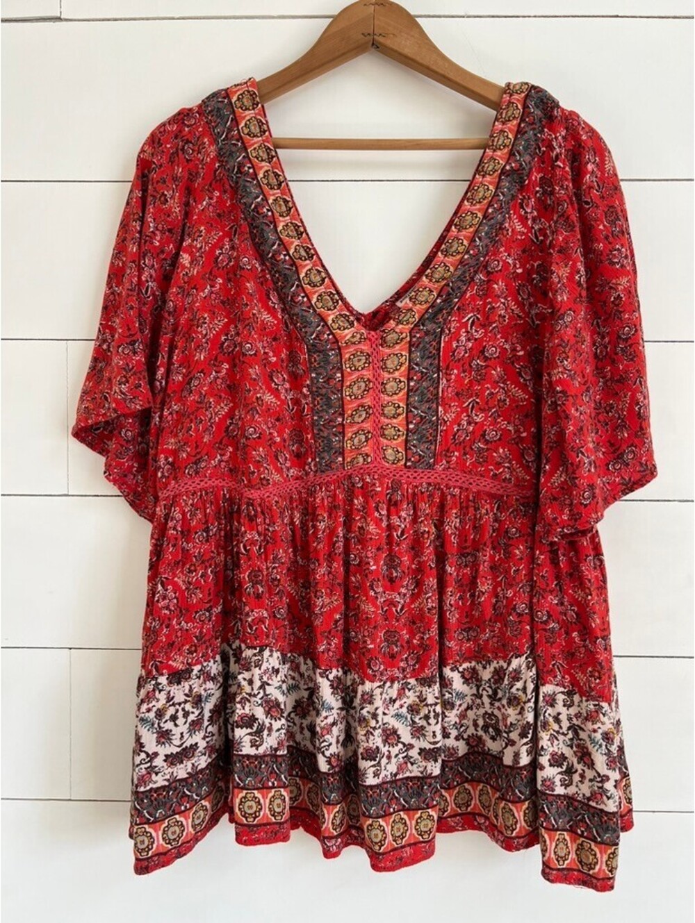 Romantic Gypsy Red Floral Boho Peplum Top Size XL Babydoll Feminine